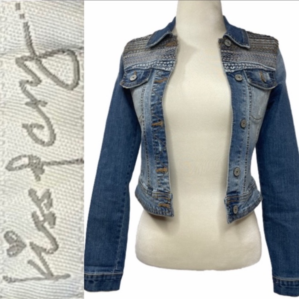 Embroidered Jean Jacket Distressed Wash Denim Boho Gypsy Embroidery Size X Small